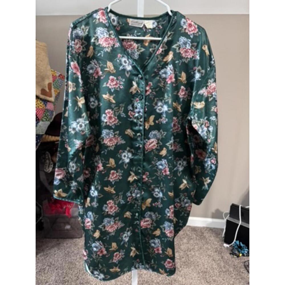 Vintage Kathryn Green Floral Satin Button Front Nightgown